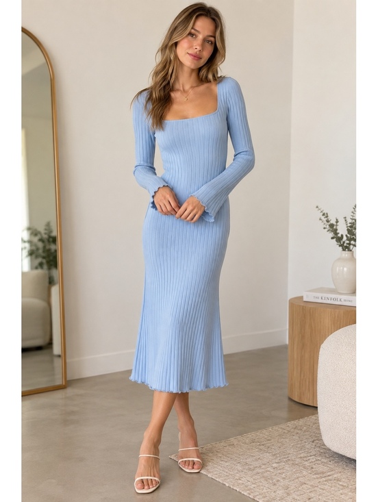 Lisa says Gah Dresses & Skirts - Lisa Says Gah Roya Ribbed Midi Dress Light Blue Size XS NWT Long Sleeve